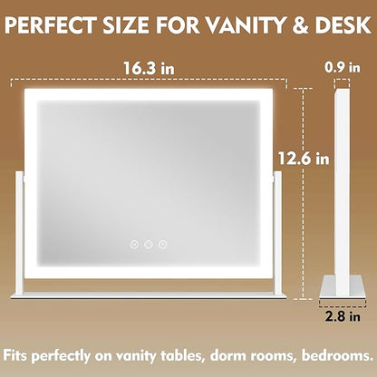 ROLOVE Lighted Makeup Mirror 16.3"x12.6", Hollywood Vanity Mirror with 10X Magnifier, 3 Color LED Lighting Modes, Smart Touch Control & 360° Rotation, Tabletop Makeup Mirror (White, Gift Ready)