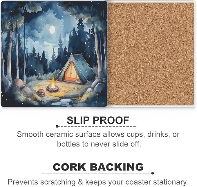 Forest Drink Coasters, Square Ceramic Drink Coaster Square-6PCS, Watercolor Mountain Forest Nature Tree Woodland Camping Decor Absorbent Ceramic Coasters for Beverage Cup, Bar, Coffee Table