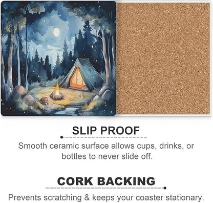 Square-4PCS Forest Ceramic Coasters, Square Absorbent Drink Coasters, Watercolor Mountain Forest Nature Tree Woodland Camping Ceramic Table Coasters for Coffee, Beverage, Wine, Beer Coasters