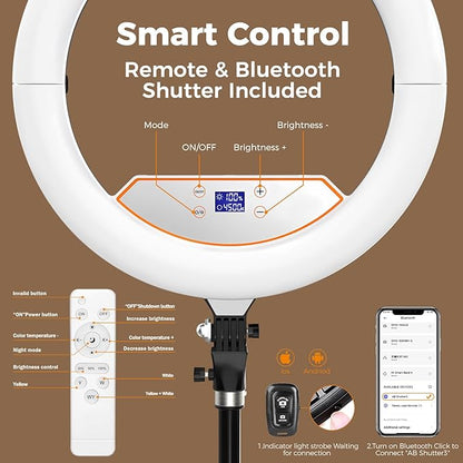 18" Large Ring Light with 60" Tripod Stand for iPhone, Portable Foldable Bi-Color 2500-6500K LED Big Ringlight for iPad with Bluetooth Remote Video Recording YouTube TikTok Photography Makeup