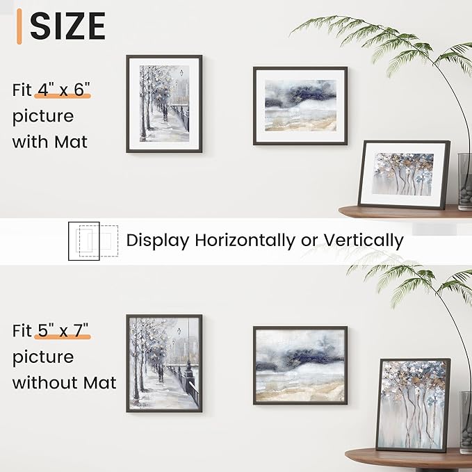 5x7 inch Metal Picture Frame - 5 x 7 Thin Aluminum Photo Frames with 4x6 Removable Mat - High Definition Plexiglass - Ideal for Wall or Tabletop Display - Black, Set of 4