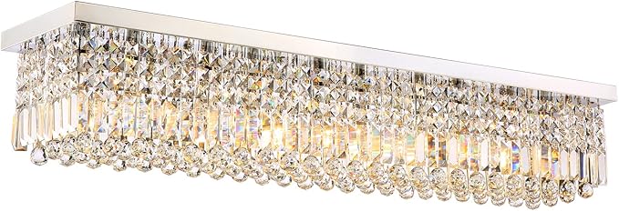 Siljoy Modern Crystal Chandelier 10-Lights Rectangular Flush Mount Pendant Ceiling Light Fixture Rectangle K9 Crystal Raindrop Chandelier for Dining Living Room Kitchen Island L47'' x W10'' x H10'