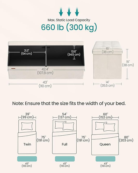SONGMICS Mazie Collection - 43 Inches Storage Ottoman, Foldable Storage Bench with Flipping Lid, 660 lb Load Capacity, for Entryway, Living Room, Bedroom, Velvet Fabric, Cream White ULSF078LH01
