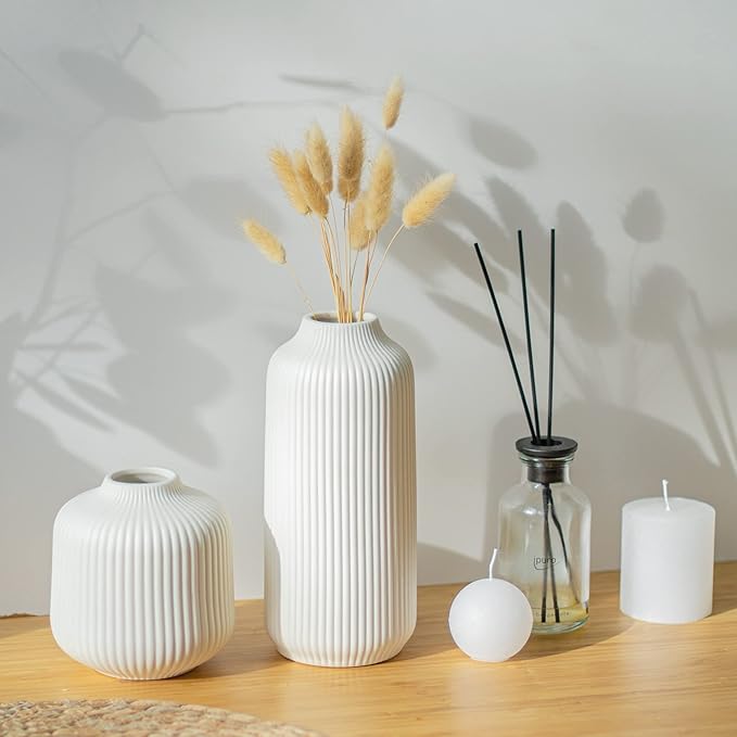 Ceramic Vases in Nordic Style, Modern Vase Deco for Pampas Grass, Boho Deco for Windowsill, Vases Set in White Matt, Flower Vase as Home Decoration for Fresh Flowers, Dried Flowers, Set of 2