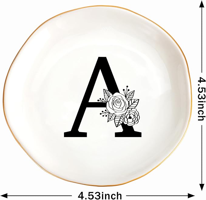 JoycuFF Initial A Ceramic Jewelry Tray, Bridesmaid Bride Gifts, Engagement Birthday Best Friend Mom Grandma Sister Gifts for Women, Trinket Dish for Rings Earrings Necklaces Bracelets Keys