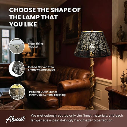 Metal Lamp Shade, ALUCSET Barrel Lampshade with Pattern of Trees Lampshades for Table Lamp, Metal Lamp Shades 7" Top x 13" Bottom x 7.8" High Spider Fitter, Bronze Gold