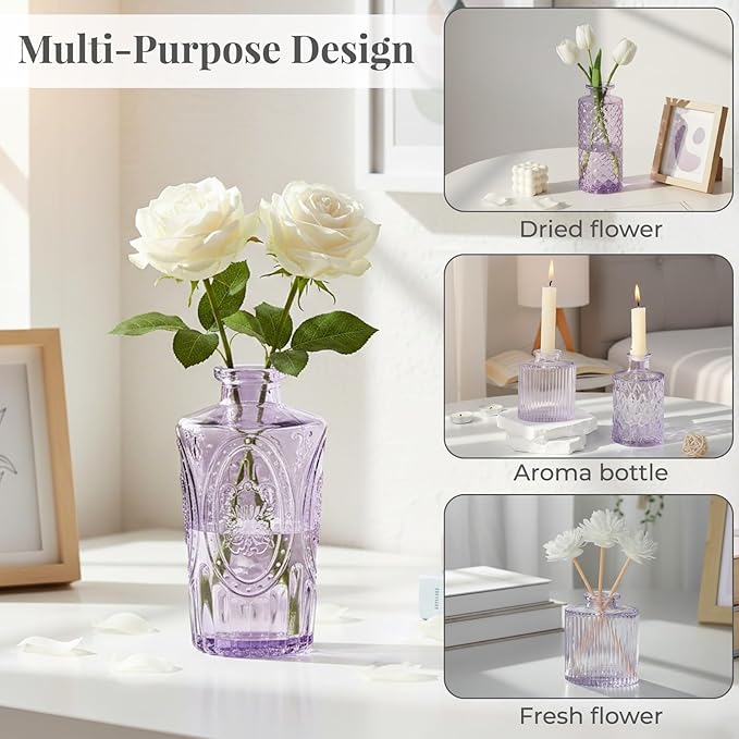 BEAHOT 32 Pack Purple Bud Vase in Bulk,Mini Vintage Glass Flower Vases for Centerpieces,Wedding Decor,Party & Home Decaration,Mother's Day (Purple)
