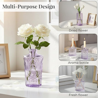 BEAHOT 32 Pack Purple Bud Vase in Bulk,Mini Vintage Glass Flower Vases for Centerpieces,Wedding Decor,Party & Home Decaration,Mother's Day (Purple)