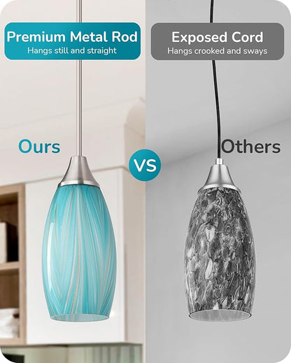 EDISHINE Pendant Lights Kitchen Island, Blue Handcrafted Art Glass Hanging Light, Blown Glass Pendant Light Fixtures Teal with Gold, Adjustable Brushed Nickel Rods, Hardwired Over Island Bar E26