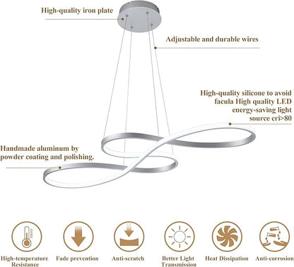 Modern LED Chandelier Dining Room Pendant Light Dimmable Creative Chandelier Remote Control Color/Brightness 3000-6000K Adjustable Hanging Lamp for Bedroom Living Room Kitchen 50W (Silver)