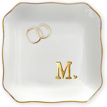 OASSIE Valentines Day Gifts for Her - 4"x4" Initials Ceramic Jewelry Dish Tray Letter M - Engagement Gift for Couples, Wedding Bridal Shower Gift for Bride, Monogrammed Gifts for Women Friends Mom