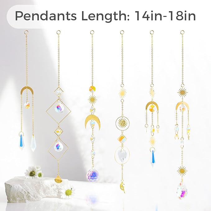 suddus 6pcs Sun Catchers Indoor Window, Hanging K9 Crystals Prism Rainbow Suncatchers for Cat, Christmas, Outdoor, Wall, Garden, Patio, Room, Cute Home Decoration