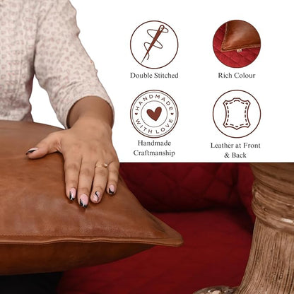 Lambskin Leather Pillow Cover - Sofa Cushion Case - Decorative Throw Covers for Living Room & Bedroom, 14x14 Inches - Tan Orange Box Pack of 2