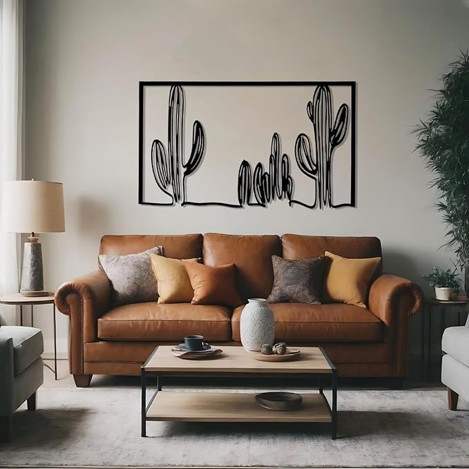 vinwipe Metal Cactus Wall Art, Cactus Metal Wall Decor, Minimalist Cactus Line Wall Art, Southwest Desert Decorations, Nature Decorations (Gold, 35"x21"/90x53cm)