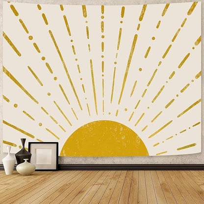 Kanuyee Gold Boho Burning Sun Tapestry Wall Hanging, Retro 70s Abstract Vintage Geometric Line Sunrise Tapestries for Bedroom Living Room Backdrop 36×48 inch