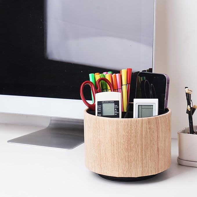 Round Leather Art Supply Organizer,Remote Control Holder,360 Degree Spinning,Multi-Functional Pencil Holder,4 Compartments Desktop Stationary Organizer(1-Thin Wood Yellow)