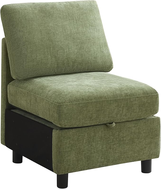 Middle Seat Module for Modular Sectional Couch Sofa, Living Room Accent Armless Sofa Chair with Storage & Pillow, Modern Side Sectional Middle Unit, Chenille Green