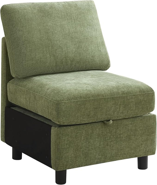 Middle Seat Module for Modular Sectional Couch Sofa, Living Room Accent Armless Sofa Chair with Storage & Pillow, Modern Side Sectional Middle Unit, Chenille Green