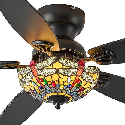 Tiffany Ceiling Fans with Lights - 48" Ceiling Fan Chandelier with 5 Dual-Blades and Glass Shade, 6 Speeds and Reversible, Indoor and Outdoor, Retro Style