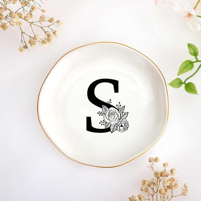 JoycuFF Initial S Ceramic Jewelry Tray, Bridesmaid Bride Gifts, Best Friend Mom Grandma Sister Engagement Birthday Gifts for Women, Trinket Dish for Rings Earrings Necklaces Bracelets Keys