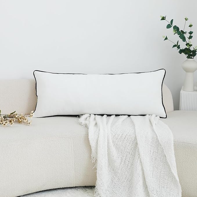 LIGICKY Long Lumbar Pillow Cover 16x36 inch White Velvet Black Rope Edging Throw Pillow Covers Decorative Rectangular Body Pillow Case Accent Textured Cushion Cover for Bed Couch(Cover Only)