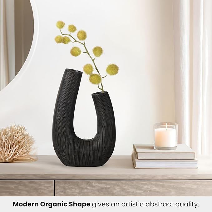 Torre & Tagus Black U Shaped Vase for Flowers - 12 Inch Tall Textured Vases for Centerpieces with 2 Openings, Sculptures Home Decor & Abstract Sculptures Home Decor for Shelf Decor Aesthetic (Alma)