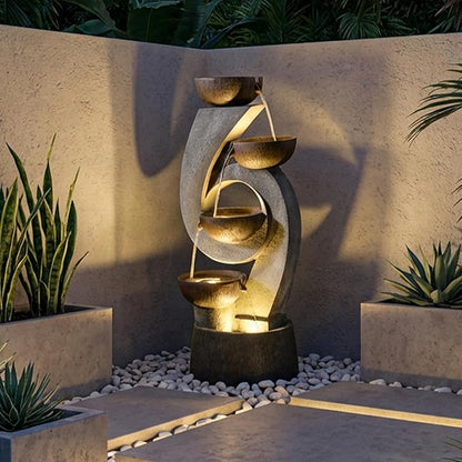 46.8”H Outdoor Water Fountain with Lights, Multi-Tier Bowl Cascading Water Feature, Tall Stacked Bowl Waterfall Freestanding Resin Garden Fountain for Patio Yard Balcony Porch