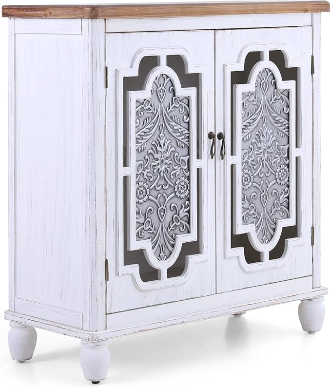 MAISON ARTS Accent Cabinet with 2 Doors, Farmhouse Decorative Storage Cabinet with Solid Wood Frame & Legs for Living Room Entryway Small Sideboard Buffet Cabinet, Metal Embossing Pattern
