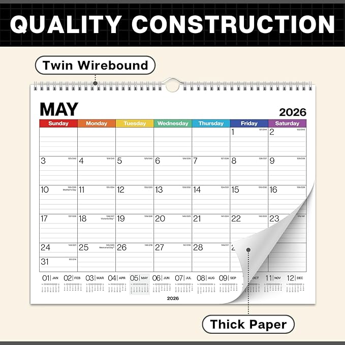 Dunwell 12x15 Wall Calendar 2026 (Colorful), Use Jan to Dec 2026, Large Lined 12 x 15 Monthly Calendar, Professional Styling for Home or Office, Premium Paper
