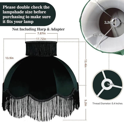 Caramel-colored velvet fringe lampshade 7.8" Top x 17.7" Bottom x 13.4" High x 15 Slant"- Large Dome with Scalloped Edge & Fringe Tassels, for Table/Floor Lamps (1, Dark green, Large)