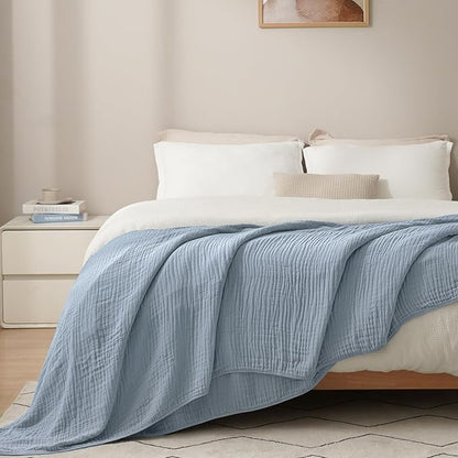 PHF Cooling Muslin Blanket Queen Size 90"x80", 6-Layer Lightweight Gauze Blanket Made from 35% Rayon Derived from Bamboo & 65% Cotton, Breathable & Ultra Soft Cozy for Hot Sleepers, Dusty Blue
