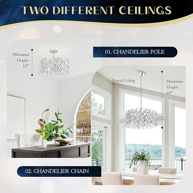 Chrome Crystal Chandelier, 18" Modern Drum Ceiling Light Fixture, 6-Light Semi Flush Mount Pendant with K9 Crystals, Round Hanging Lighting for Dining Room, Living Room, Bedroom, Kitchen, Hallway