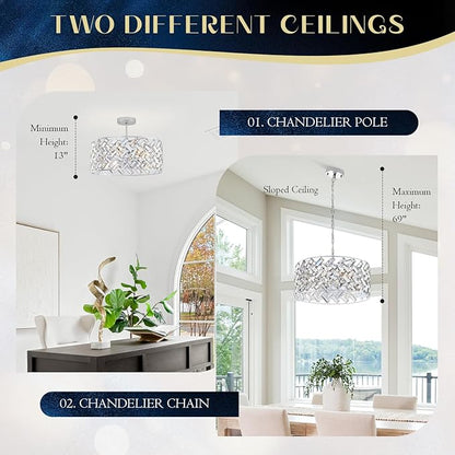 Chrome Crystal Chandelier, 18" Modern Drum Ceiling Light Fixture, 6-Light Semi Flush Mount Pendant with K9 Crystals, Round Hanging Lighting for Dining Room, Living Room, Bedroom, Kitchen, Hallway