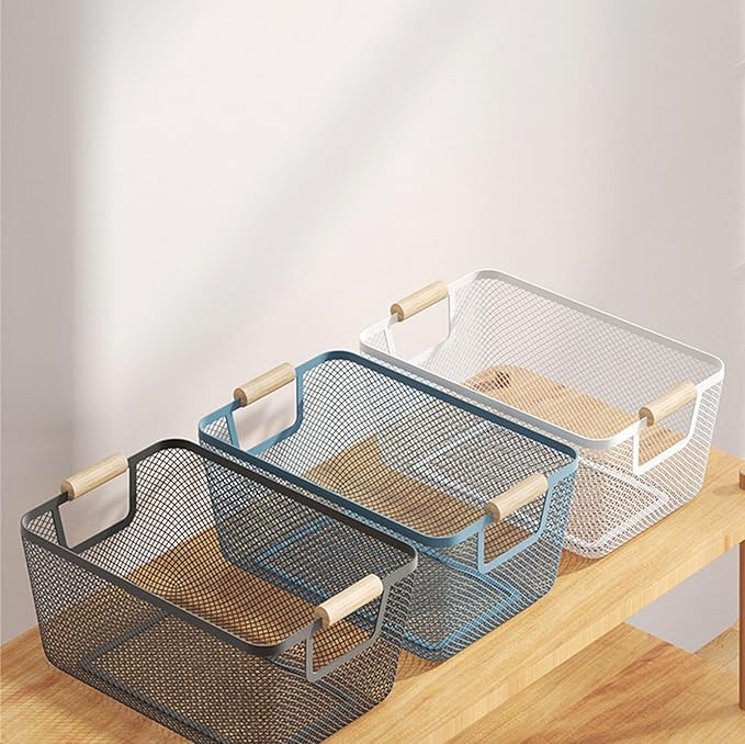Metal Mesh Steel Basket, Large Wire Storage Organizer Basket Multi-function Hanging Kitchen Baskets with Wood Handle for Kitchen Bathroom Picnic Home, Rectangle-Blue