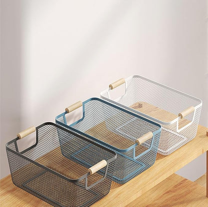 Metal Mesh Steel Basket, Large Wire Storage Organizer Basket Multi-function Hanging Kitchen Baskets with Wood Handle for Kitchen Bathroom Picnic Home, Rectangle-Blue