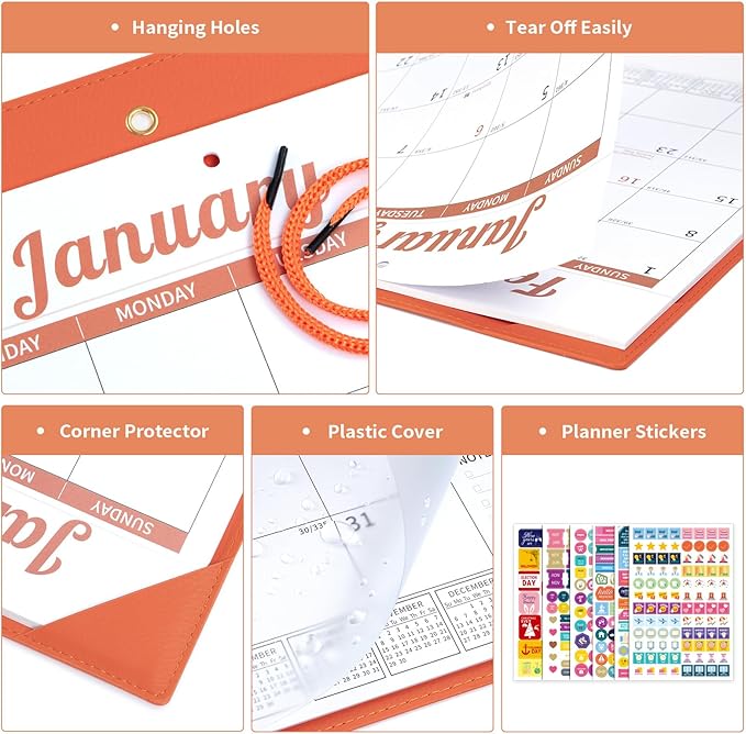 Ospelelf Desk Calendar 2026-2027 Wall Monthly Planner 12"x17" Leather Pad with Protective Cover 18 Months January 2026 - June 2027 Orange