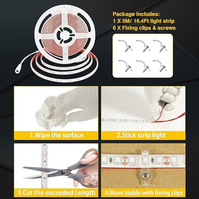 YM E-Bright Led Strip Lights Waterproof IP68 Flexible Amber Yellow Strip Lights Exterior Interior 16.4Ft 600SMD for Home Bedroom Party Holiday Neon Decoration Stage Marine Lights (No Power Adapter)