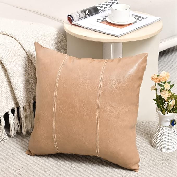 Fancy Homi Tan 26x26 Pillow Covers Set of 2, Euro Pillow Covers, Big Throw Pillow Covers for Couch Bed Bedroom Living Room, Taupe Faux Leather Hand Stitched Beige Square Cushion Case 66x66 cm