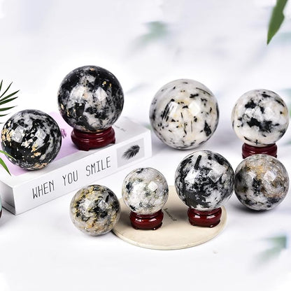 JIC Gem Small Black and White Tourmaline Crystal Sphere - Healing Crystal for Home Decor, Feng Shui, Divination or Fortune Telling, 50-60mm