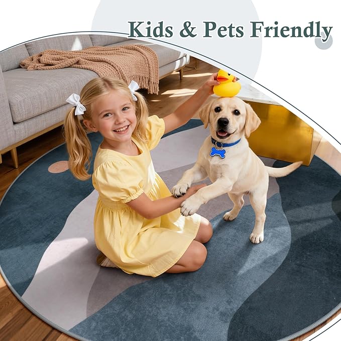 Abstract Round Rugs for Living Room, Circlr Area Rug for Bedroom 8ft Non Slip Washable Dining Room Rug, Mountain Soft Circular Carpet for Nursery Classroom Playroom(Blue)