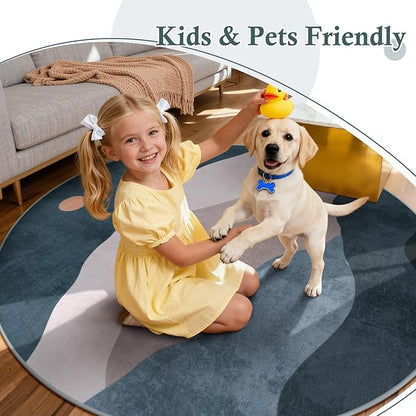 Abstract Round Rugs for Living Room, Circlr Area Rug for Bedroom 8ft Non Slip Washable Dining Room Rug, Mountain Soft Circular Carpet for Nursery Classroom Playroom(Blue)