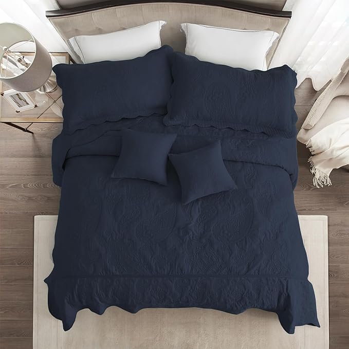 HZ & HY Oversized King Bedspread, Quilted Coverlet Bedding Set, Lightweight Thin Comforter, Reversible, Luxurious, 5 Piece, 100% Microfiber, Navy Blue