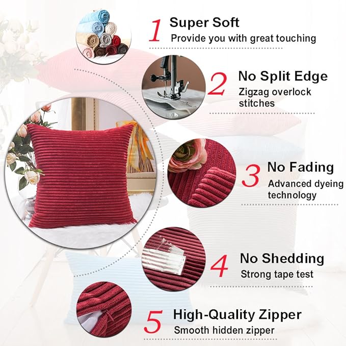 Home Brilliant Pillow Covers 18x18 Decorative Throw Pillows for Couch Dark Red Soft Plush Corduroy Striped Throw Pillow Covers Set of 2 for Sofa Couch Bed Valentine's Decor, 18 x 18 Inch, Burgundy