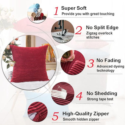 Home Brilliant Pillow Covers 18x18 Decorative Throw Pillows for Couch Dark Red Soft Plush Corduroy Striped Throw Pillow Covers Set of 2 for Sofa Couch Bed Valentine's Decor, 18 x 18 Inch, Burgundy