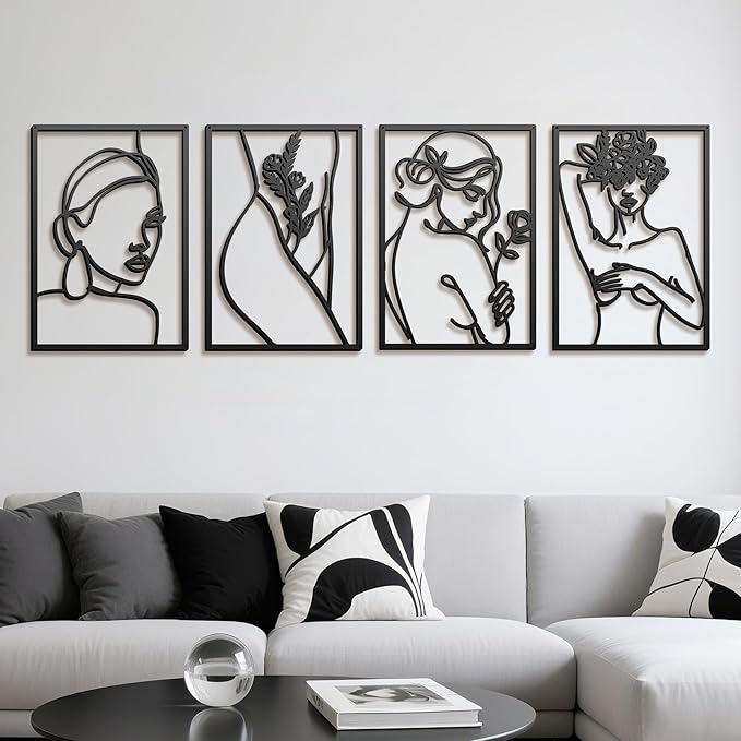 Eilopaa 4 Pack Black Wall Art Décor for living room, Metal Minimalist Abstract Wall Décor bathroom, Single Line Woman's Body Shape Modern Wall Art, Size 17 X 11.8 inches