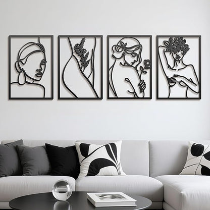 Eilopaa 4 Pack Black Wall Art Décor for living room, Metal Minimalist Abstract Wall Décor bathroom, Single Line Woman's Body Shape Modern Wall Art, Size 17 X 11.8 inches
