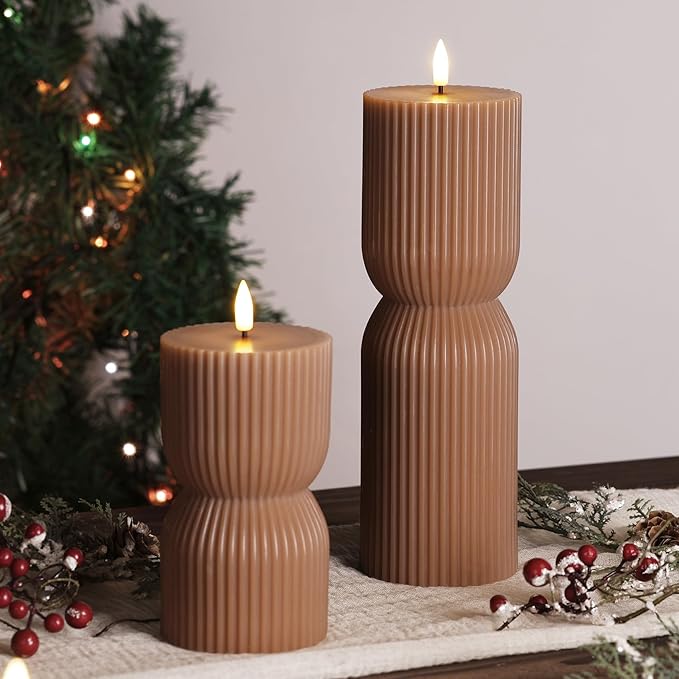 Brown Ribbed Flameless Pillar Candles with Remote, Real Wax Flickering Battery LED Candles Christmas Decor Gift Set of 2