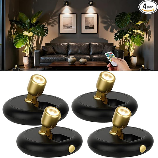 4 Pack Rechargeable Battery LED Spotlight Indoor - Wireless Mini Accent Lights with Timer Remote, Dimmable Uplight for Plants, Artwork, Painting, Closet & Portrait Display