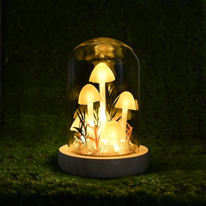 QUELIEN Christmas Mushroom Lamp in Glass Dome,Mushroom Gifts for Women - Warm White LED Night Light for Bedroom Decor,Unique Gifts for Women, Housewarming Birthday Decorations