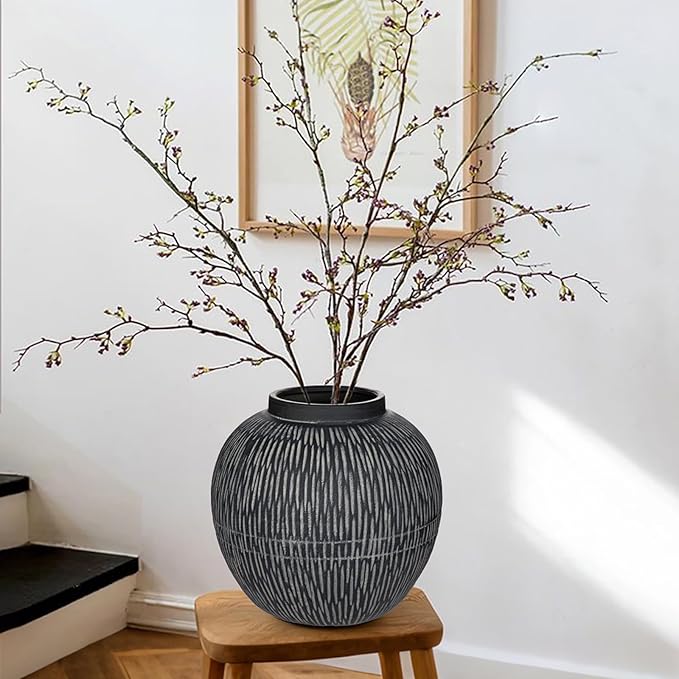 9" Large Ceramic Vase with Wide Mouth, Rustic Vase for Entryway, Living Room & Abundant Blooms Decor, Big & Round Design, Chunky & Dark Gray